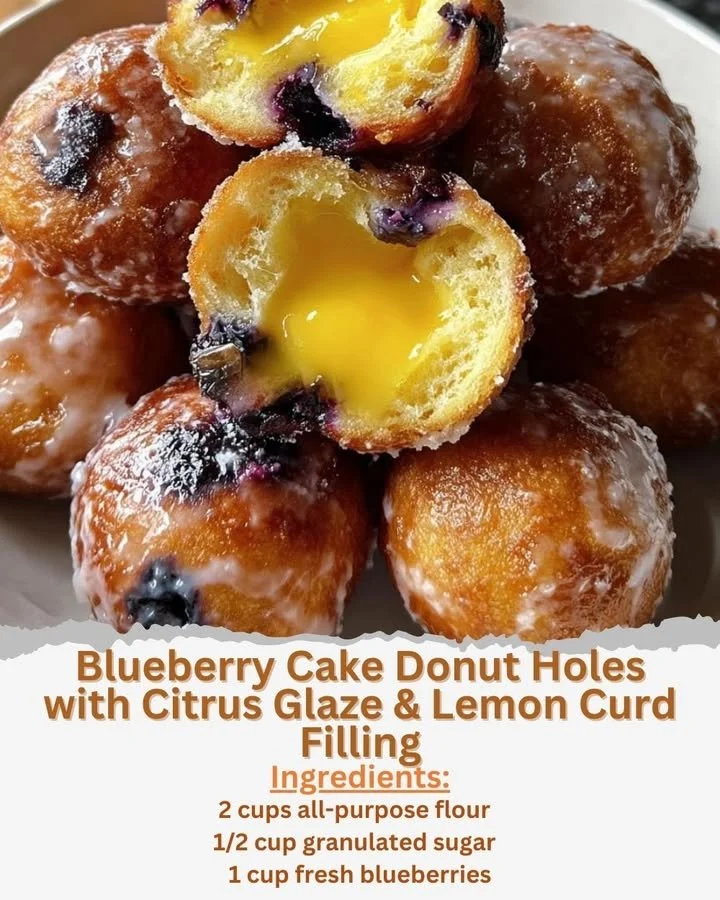 Blueberry cake donut holes with lemon curd filling and citrus glaze