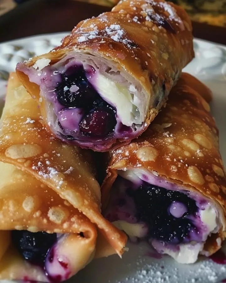 Blueberry cream cheese egg rolls ready to serve on a plate.