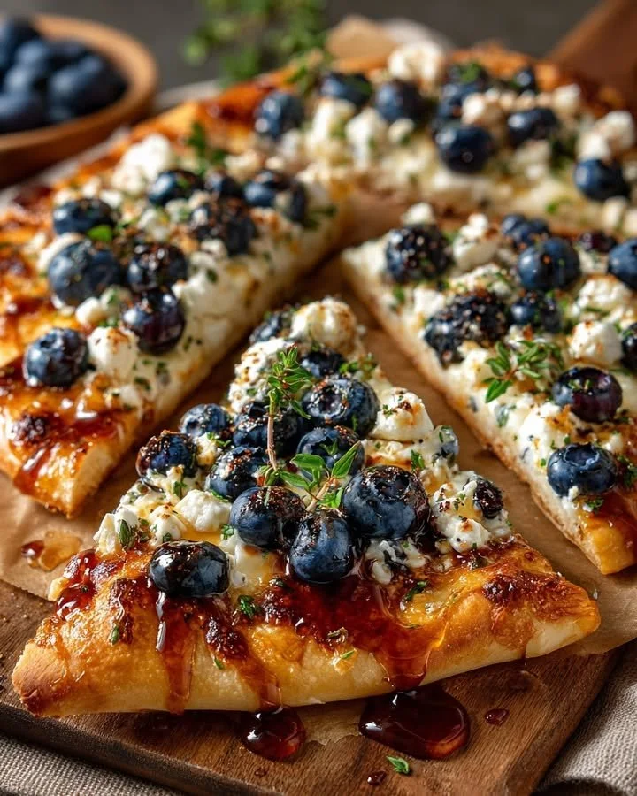 Blueberry feta flatbread drizzled with hot honey on a wooden cutting board.