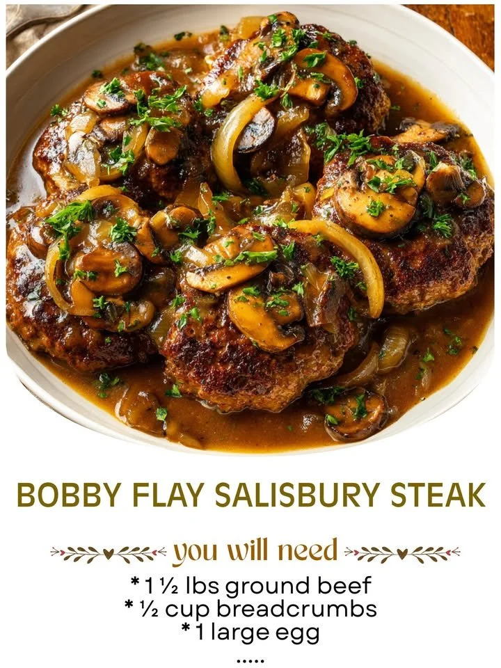 Bobby Flay's delicious Salisbury steak served with gravy and vegetables.