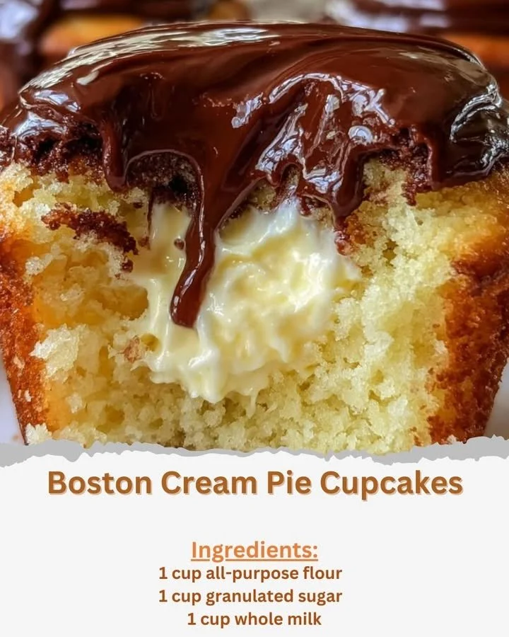 Boston Cream Pie Cupcakes topped with chocolate glaze and creamy filling