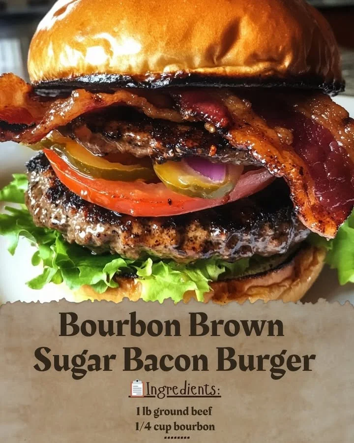 Bourbon Bacon Burger topped with brown sugar glaze and crispy bacon