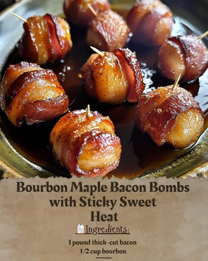 Delicious Bacon Bombs glazed with bourbon and maple syrup, featuring sticky sweet heat.