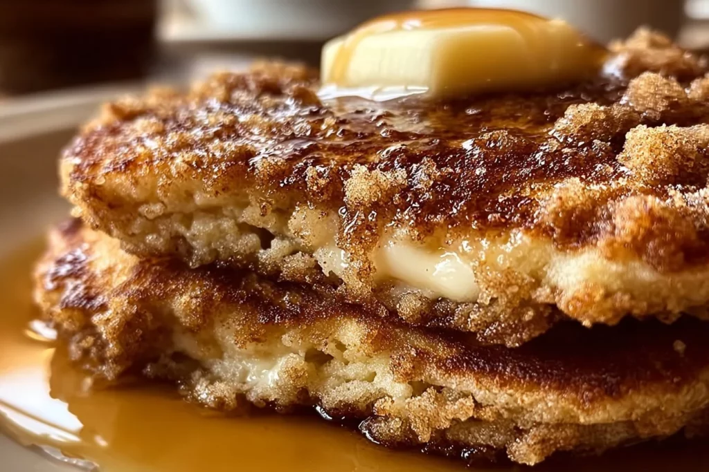 Fluffy Brown Sugar & Cinnamon Streusel Pancakes topped with a sweet crumble