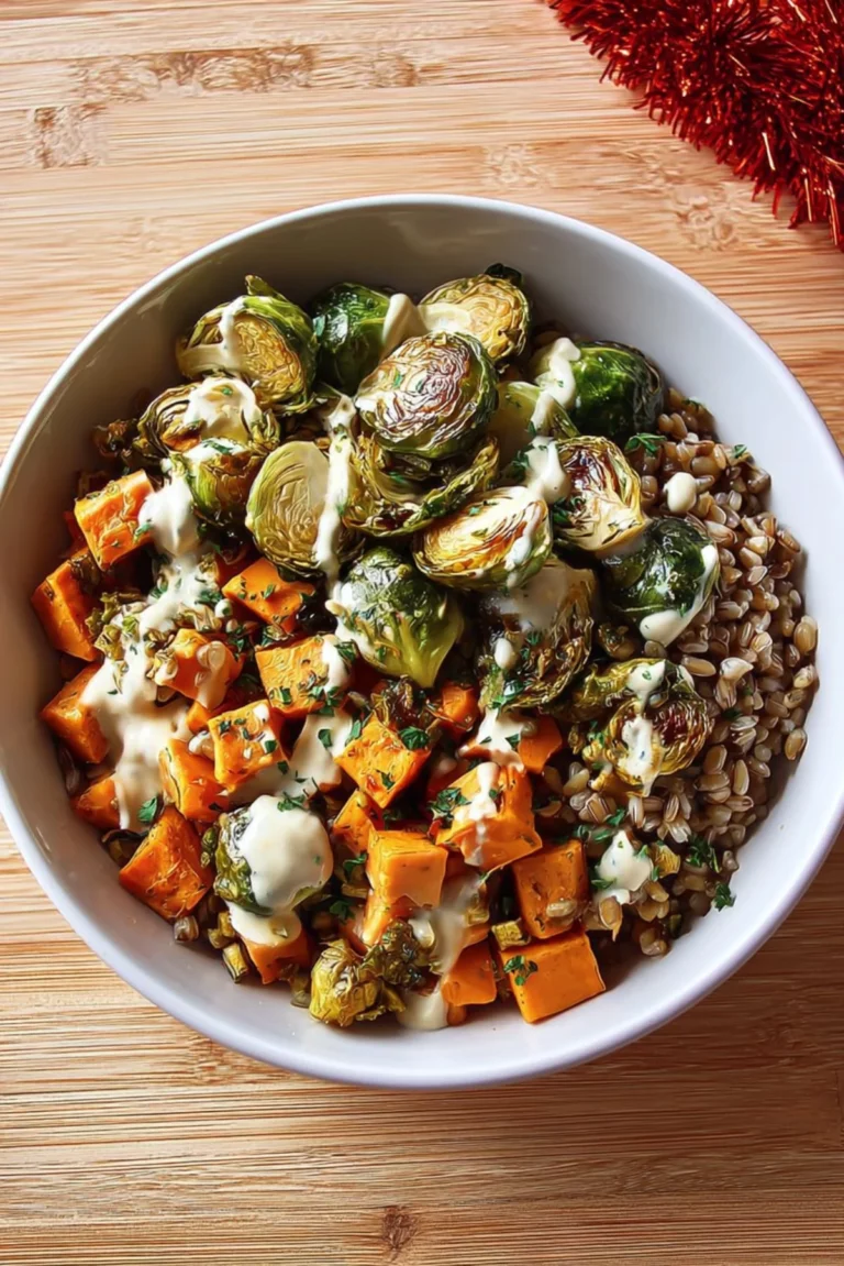 Brussels Sprouts Grain Bowl with colorful vegetables and healthy grains