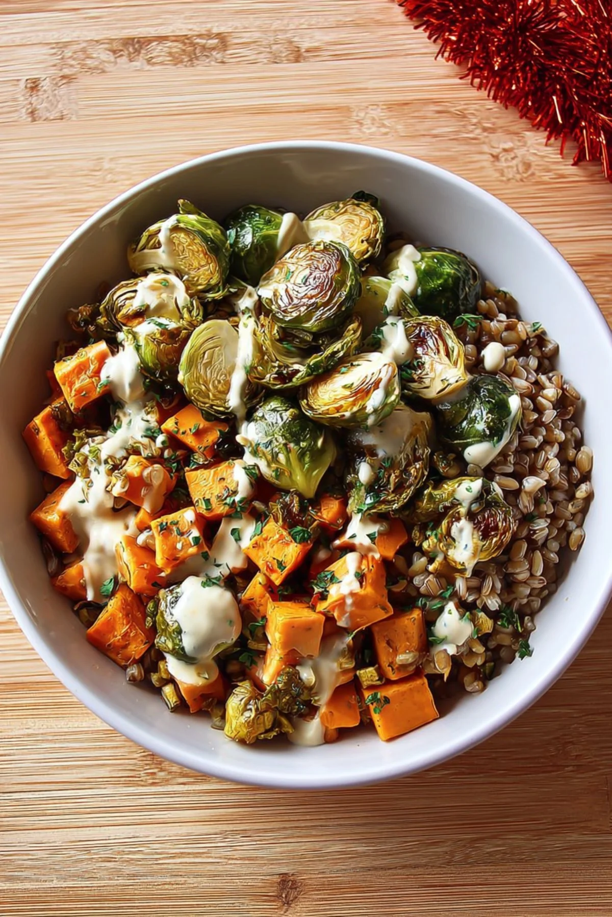 Brussels Sprouts Grain Bowl with colorful vegetables and healthy grains