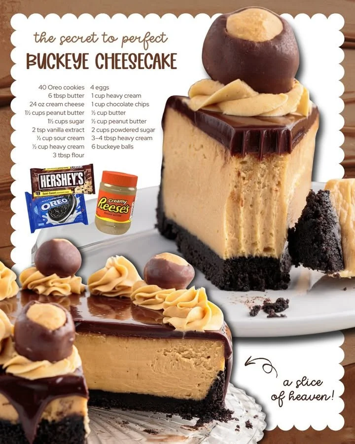 Delicious Buckeye Cheesecake topped with chocolate and peanut butter