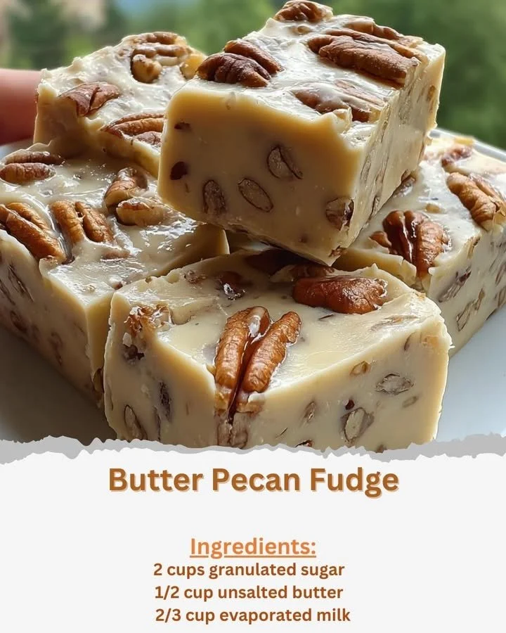 Delicious homemade butter pecan fudge with nuts on a wooden table