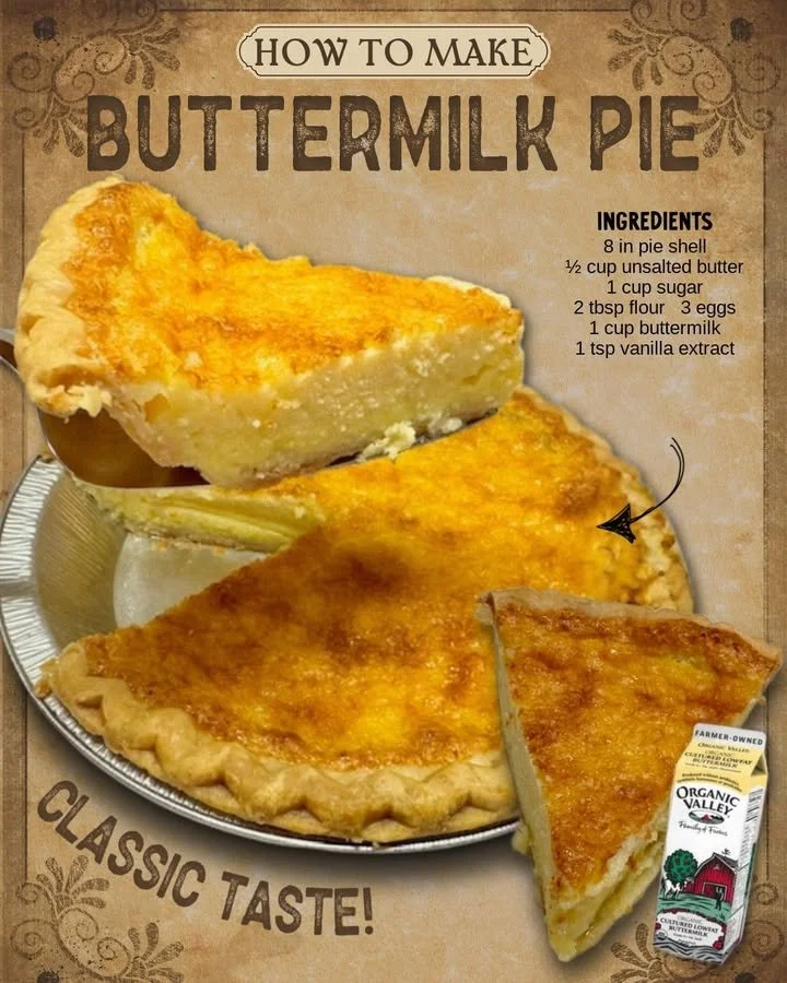 Delicious homemade buttermilk pie sitting on a rustic wooden table