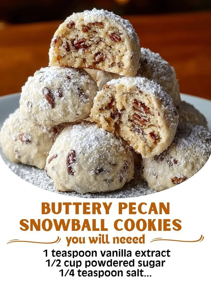 Buttery pecan snowball cookies on a festive plate