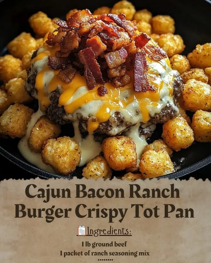 Delicious Cajun Bacon Ranch Burger Crispy Tot Pan served hot and ready to enjoy.