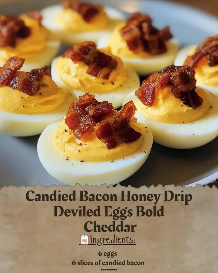 Candied bacon honey drip deviled eggs with bold cheddar topping