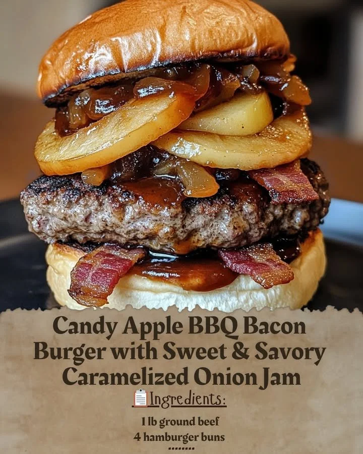 Candy Apple BBQ Bacon Burger with caramelized onion jam on a rustic plate