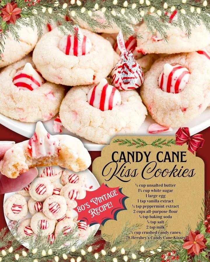 Delicious candy cane kiss cookies decorated with red and white stripes.