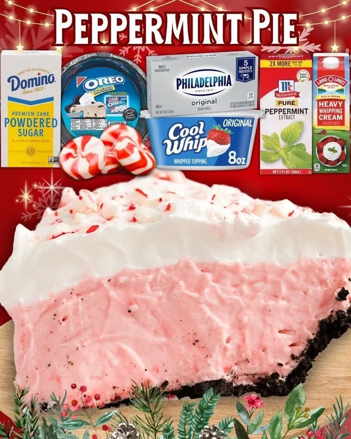 Delicious Candy Cane Pie topped with whipped cream and candy canes