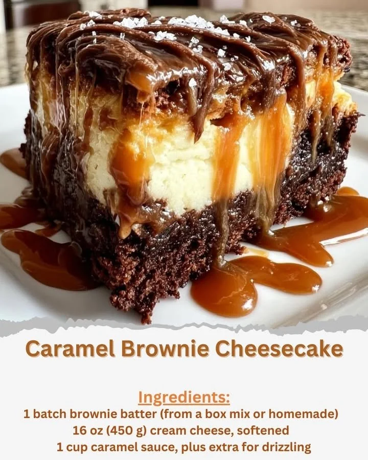 Delicious caramel brownie cheesecake dessert with a rich chocolate layer