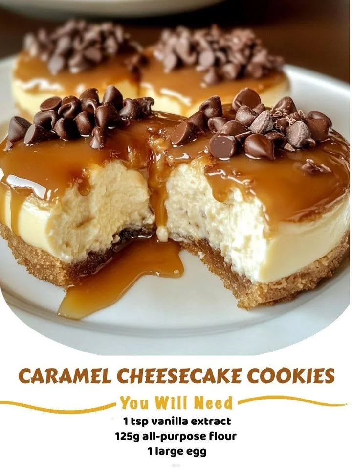 Homemade caramel cheesecake cookies stacked on a plate.