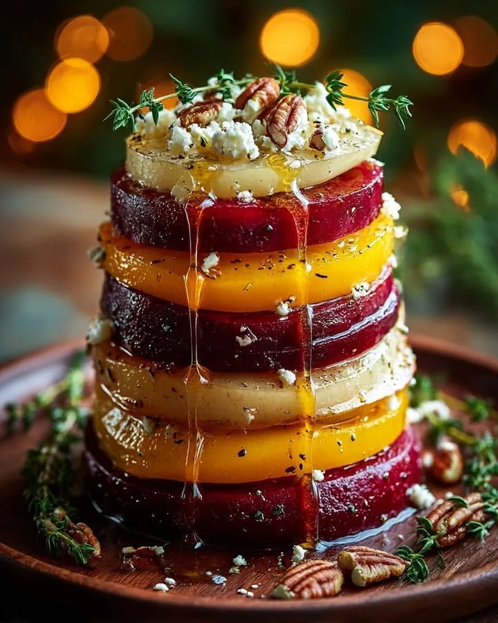 Caramelized beet and pear towers topped with crumbled feta cheese