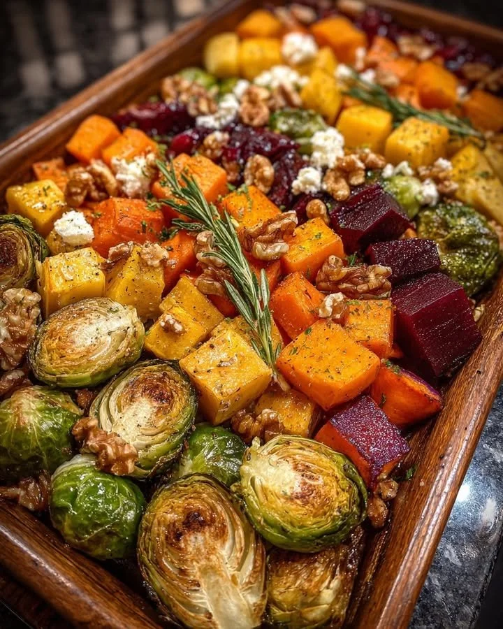 Caramelized Brussels sprouts with feta and cranberry-honey glaze garnished with vegetables