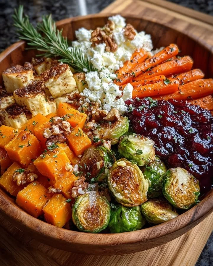Caramelized butternut squash with vegetables, feta, walnuts, and cranberry-honey glaze