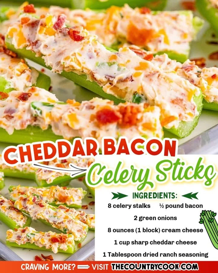 Cheddar bacon celery sticks arranged on a platter, perfect for a tasty snack.