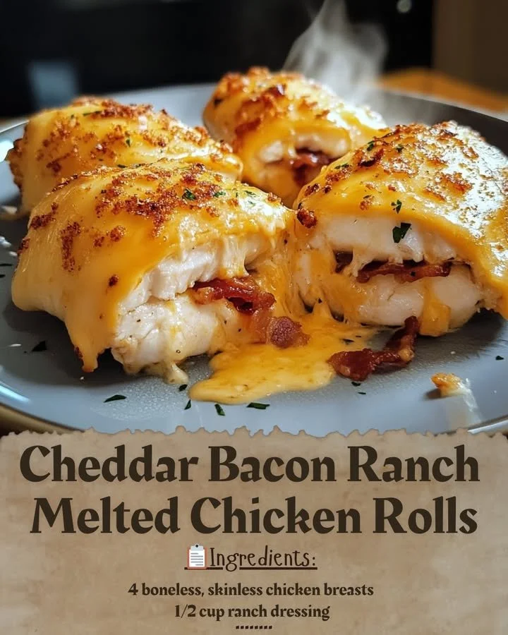 Cheddar Bacon Ranch Melted Chicken Rolls with melted cheese and crispy bacon