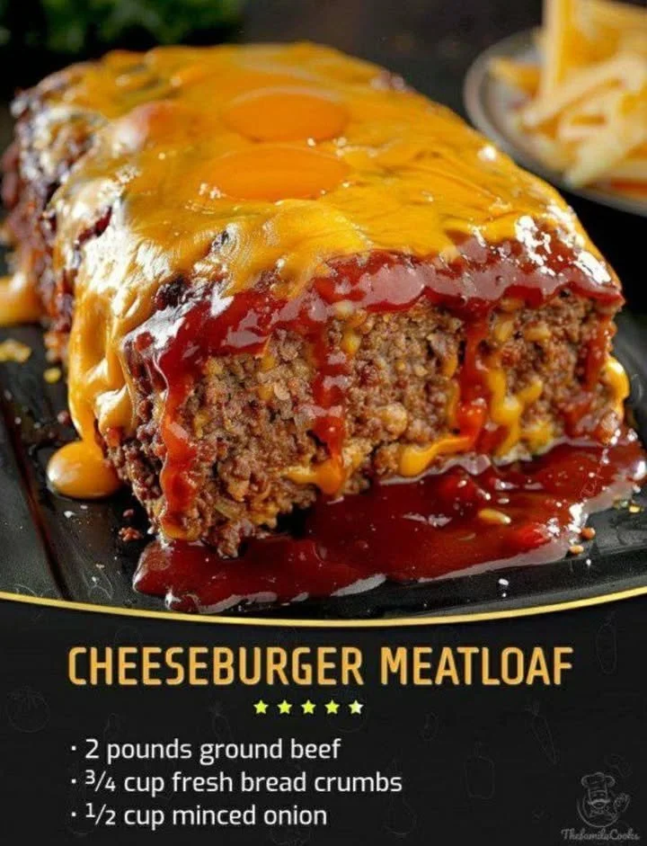 Delicious cheeseburger meatloaf served with toppings and side dishes