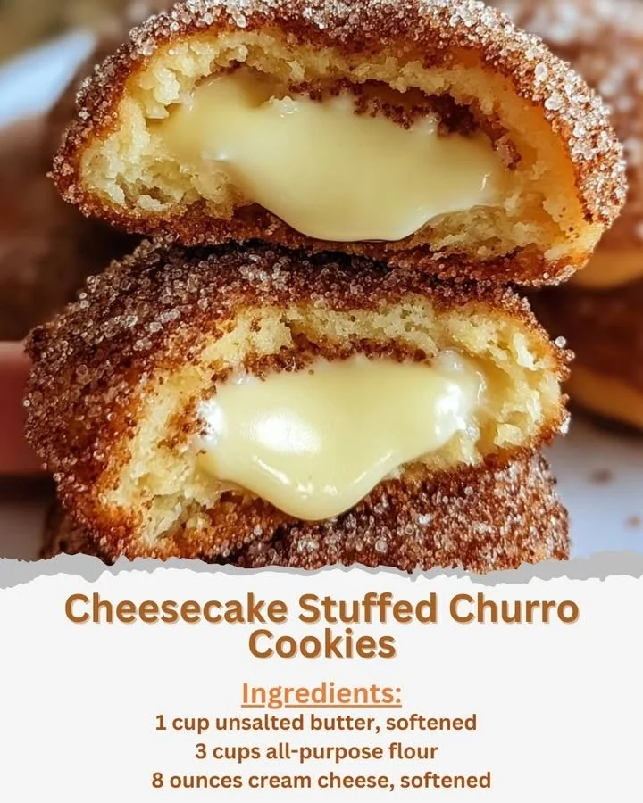 Delicious cheesecake stuffed churro cookies with a cinnamon-sugar coating