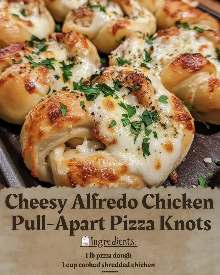 Cheesy Alfredo Chicken Pull-Apart Pizza Knots served with fresh herbs and sauce