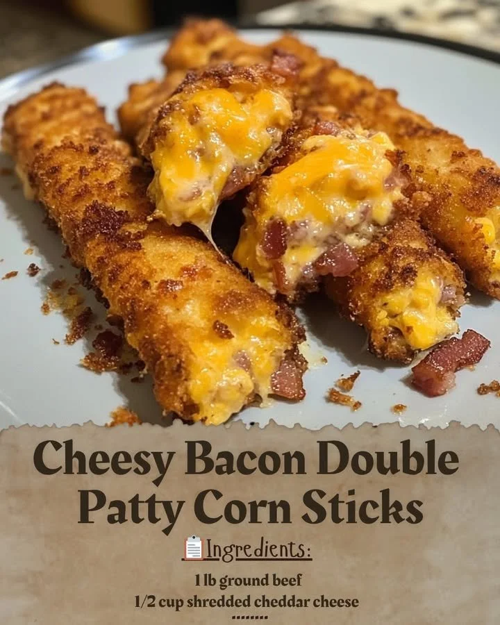 Cheesy bacon double patty corn sticks served on a plate