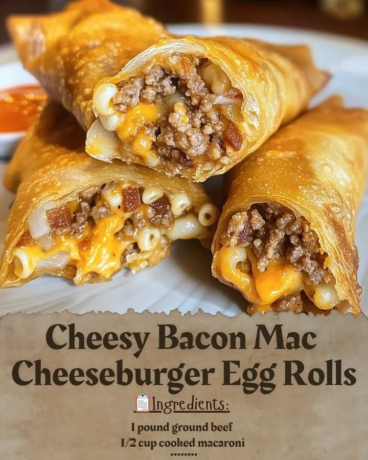 Cheesy Bacon Mac Cheeseburger Egg Rolls served on a plate