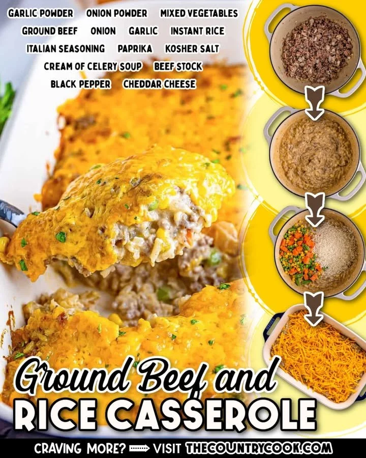 Cheesy ground beef and rice casserole in a baking dish