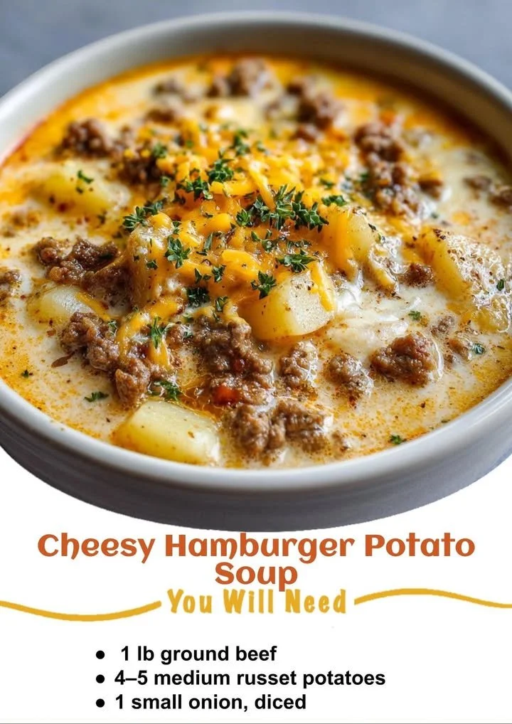 Cheesy hamburger potato soup garnished with herbs in a bowl
