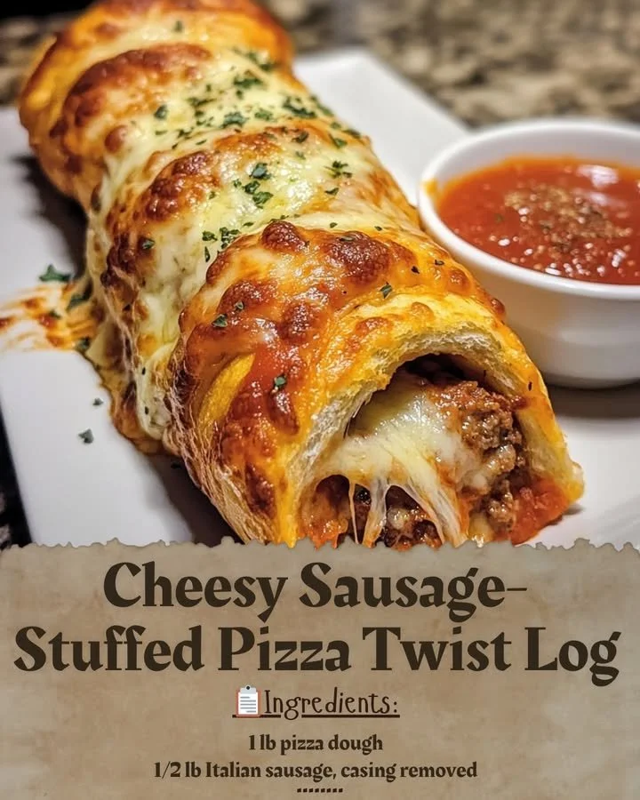 Cheesy sausage-stuffed pizza twist log with melted cheese and savory sausage filling