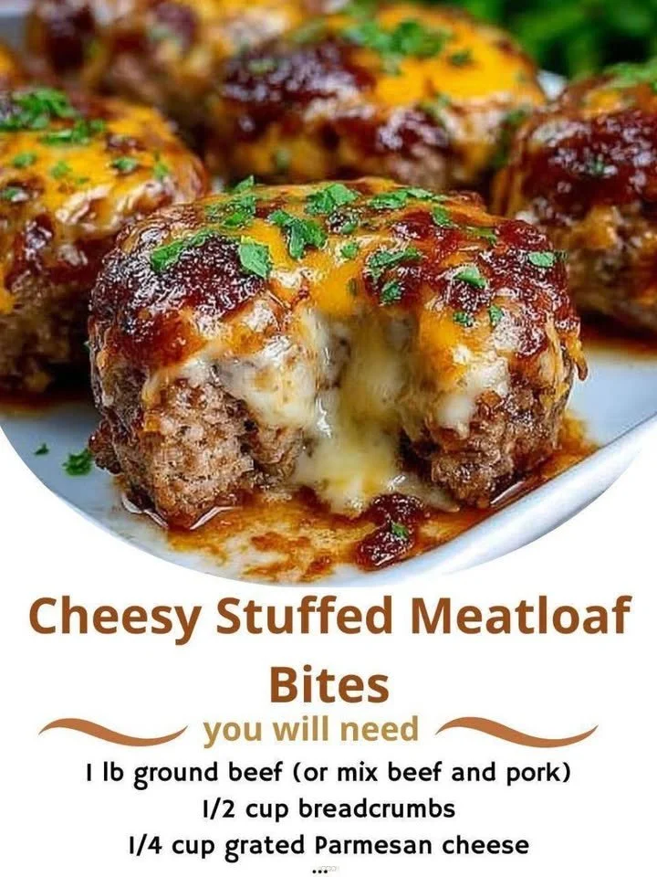 Cheesy stuffed meatloaf bites served on a platter