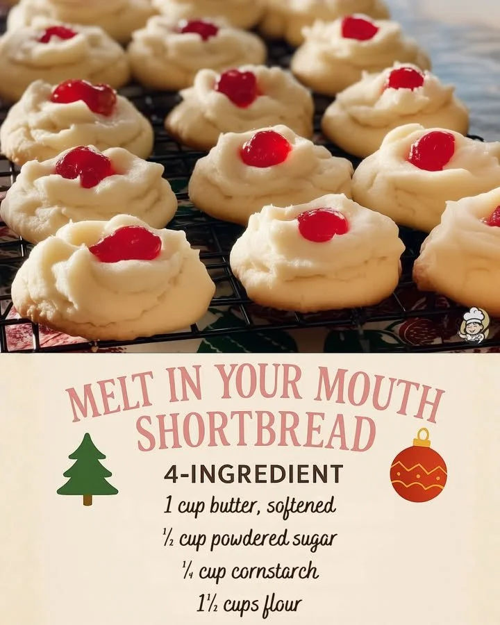 Delicious homemade Cherry Shortbread cookies topped with fresh cherries.