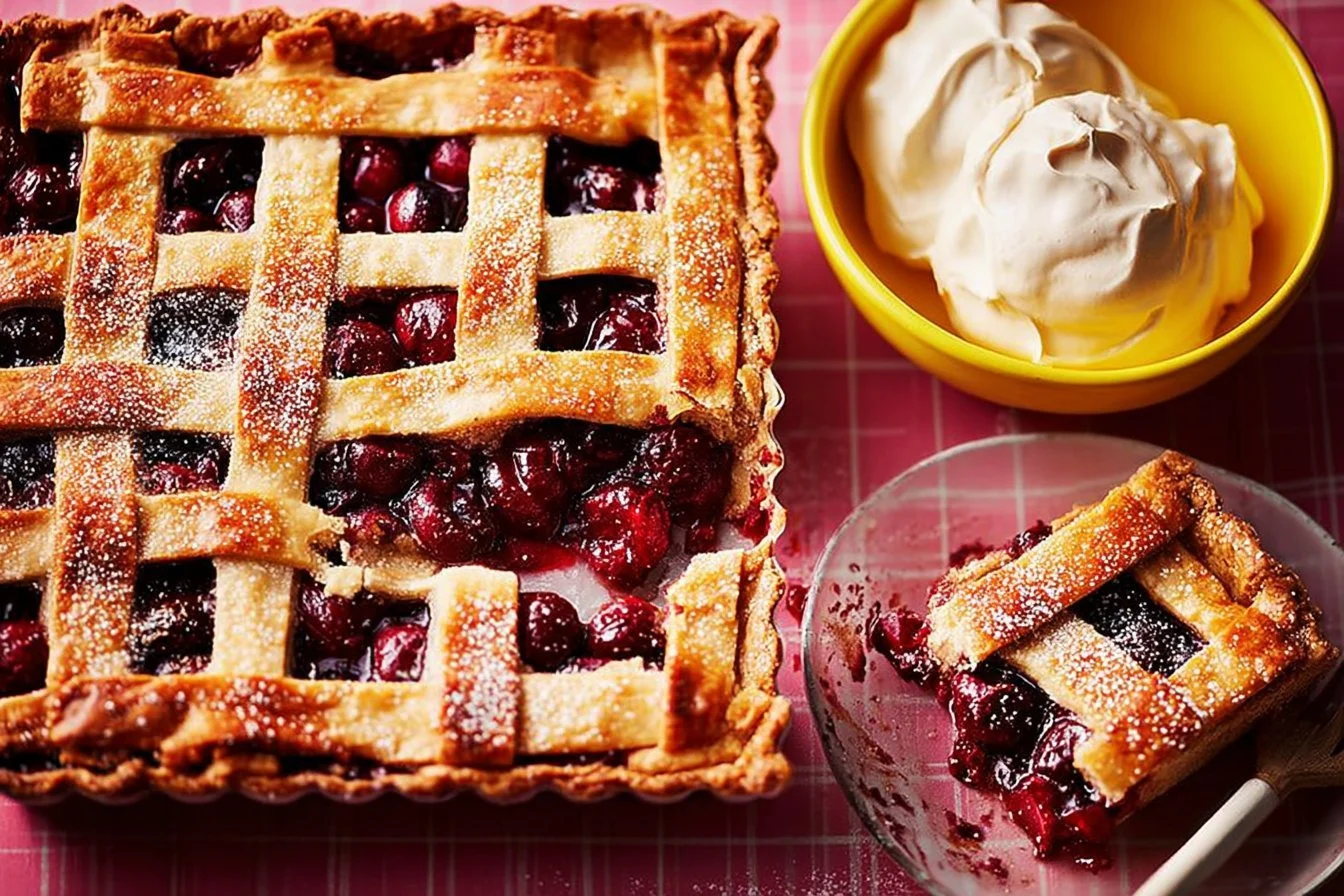 Delicious Cherry Slab Pie with sour cream topping, served on a wooden table.