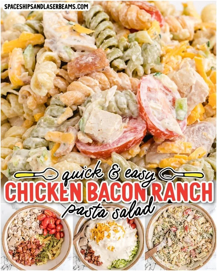 Delicious Chicken Bacon Ranch Pasta Salad in a bowl with fresh ingredients