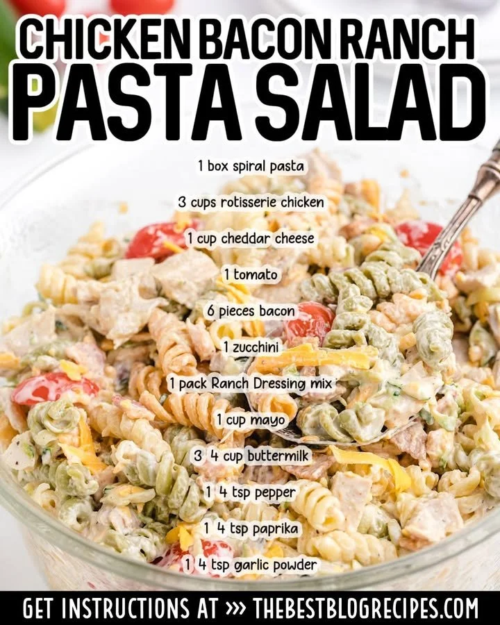 A colorful Chicken Bacon Ranch Pasta Salad with fresh ingredients and dressing.