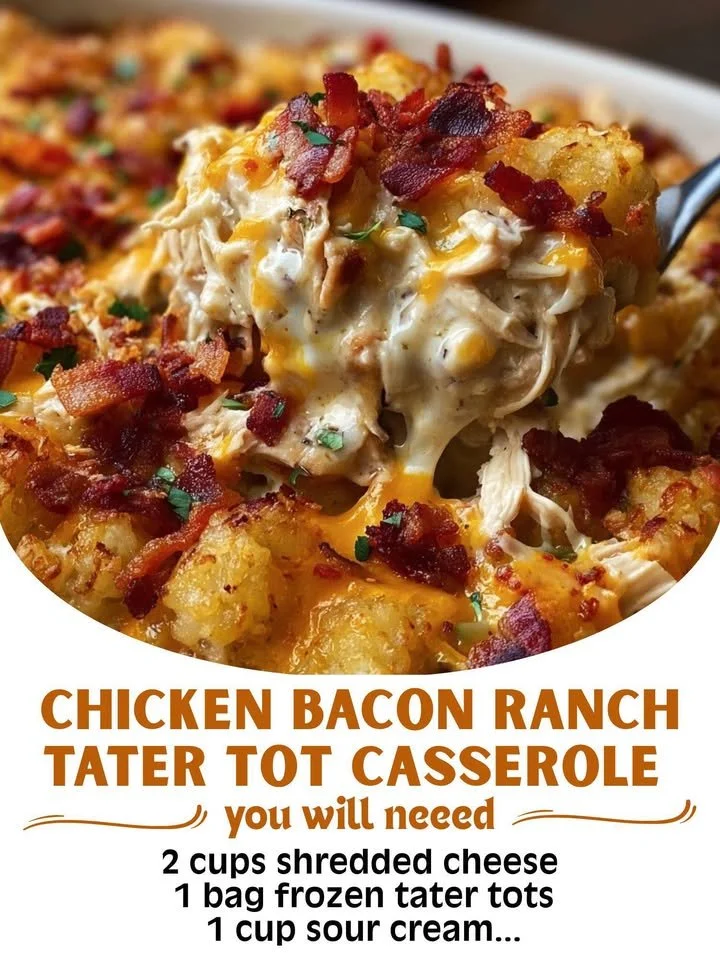 Delicious Chicken Bacon Ranch Tater Tot Casserole topped with crispy tater tots.