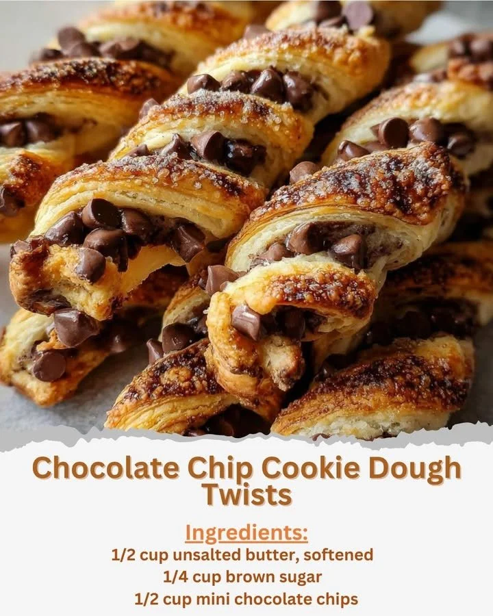 Freshly baked chocolate chip cookie dough twists with a golden brown finish.