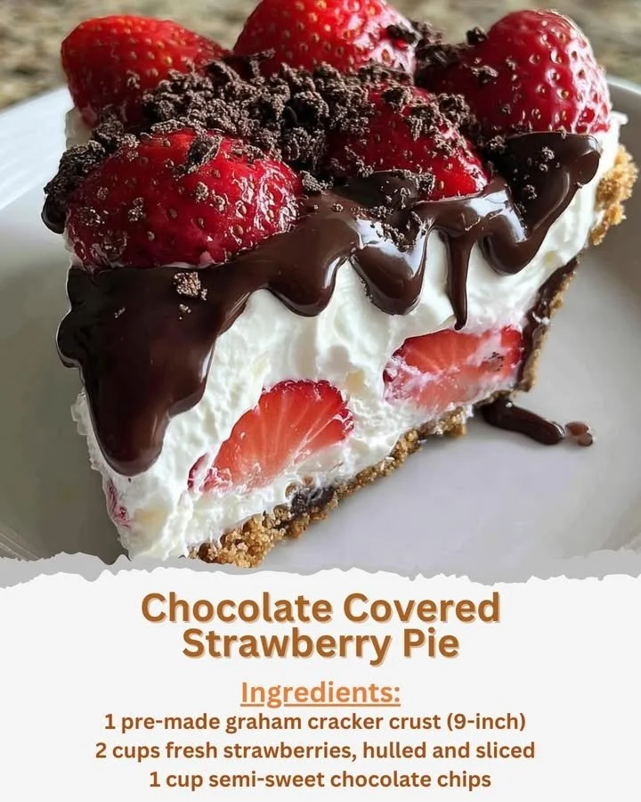 Delicious Chocolate Covered Strawberry Pie topped with fresh strawberries