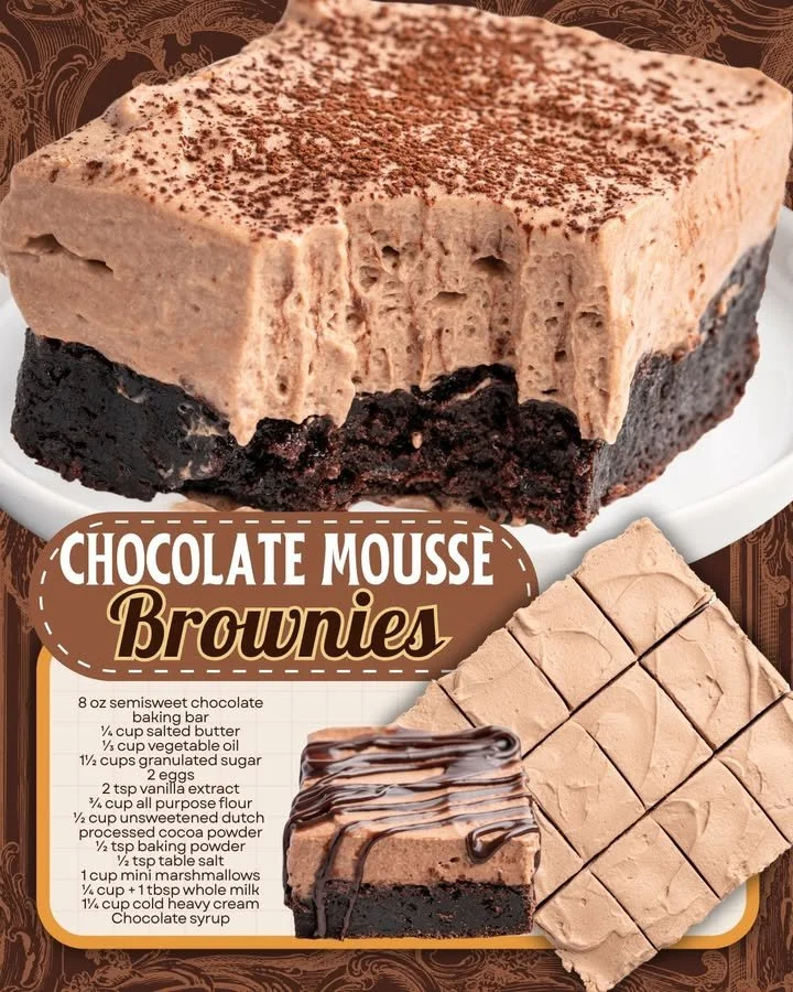 Delicious Chocolate Mousse Brownies topped with creamy chocolate mousse.