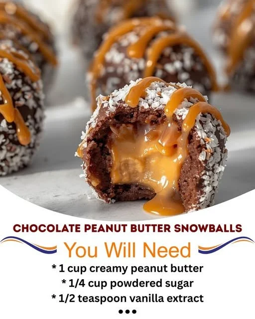 Chocolate Peanut Butter Snowballs dessert with melted chocolate drizzle