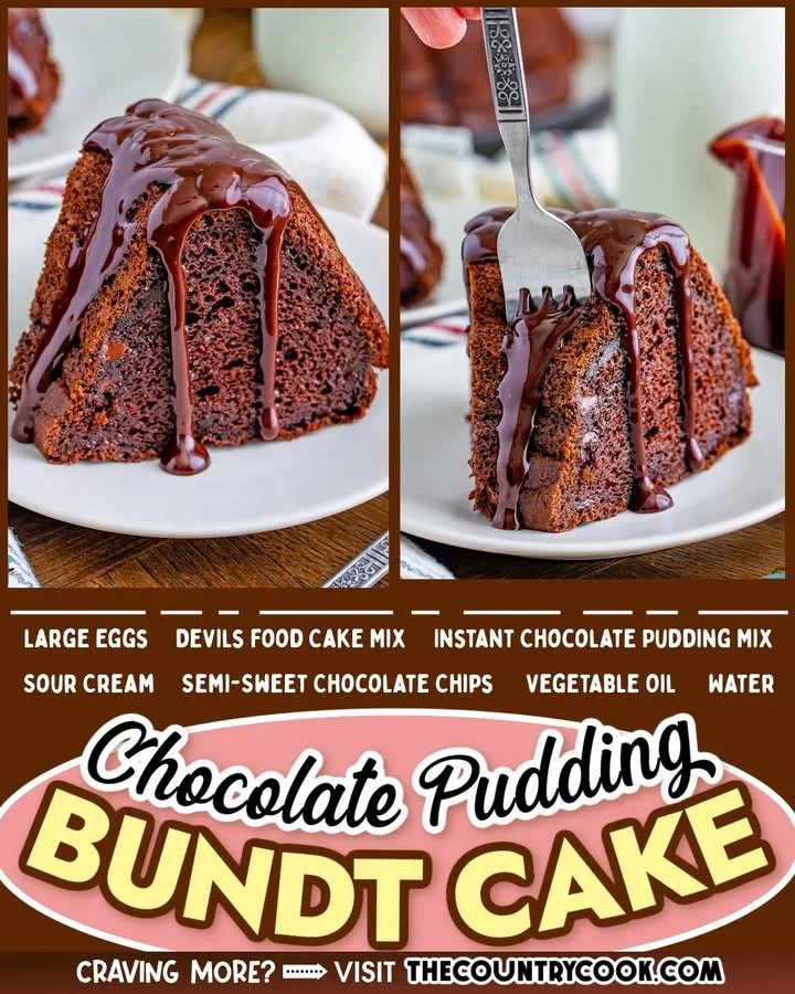Delicious Chocolate Pudding Bundt Cake topped with chocolate glaze for dessert
