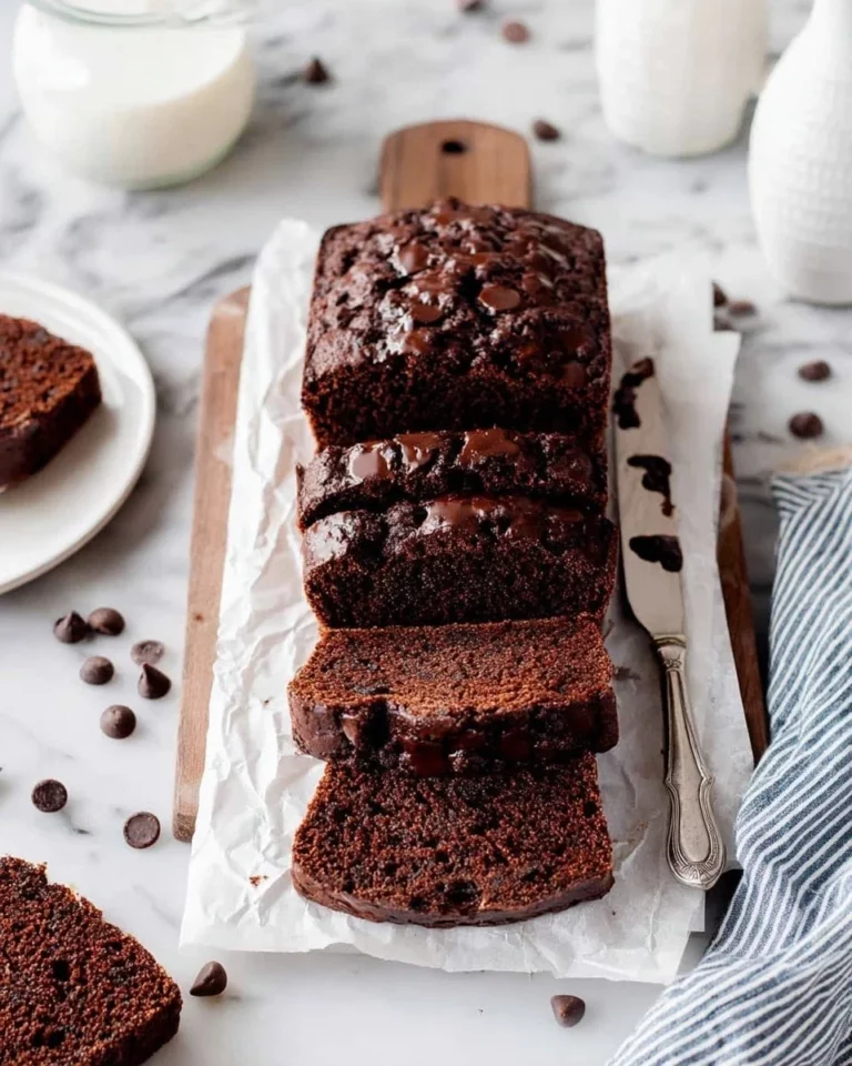 Slice of moist chocolate zucchini bread on a wooden cutting board
