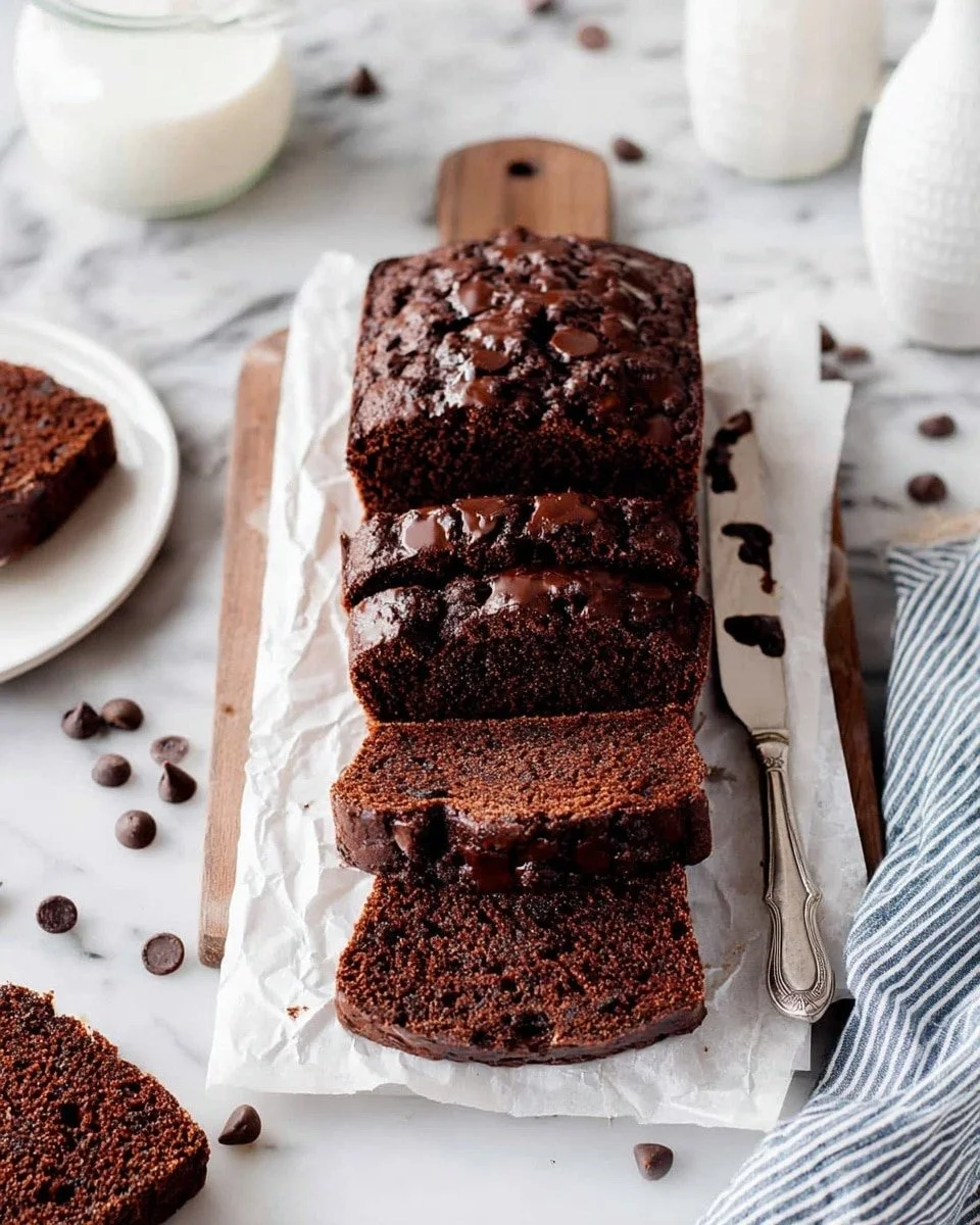 Homemade chocolate zucchini bread with chocolate chips and green zucchini