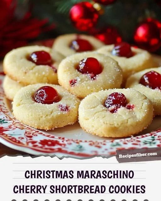 Christmas Cherry Shortbread Cookies on a festive plate