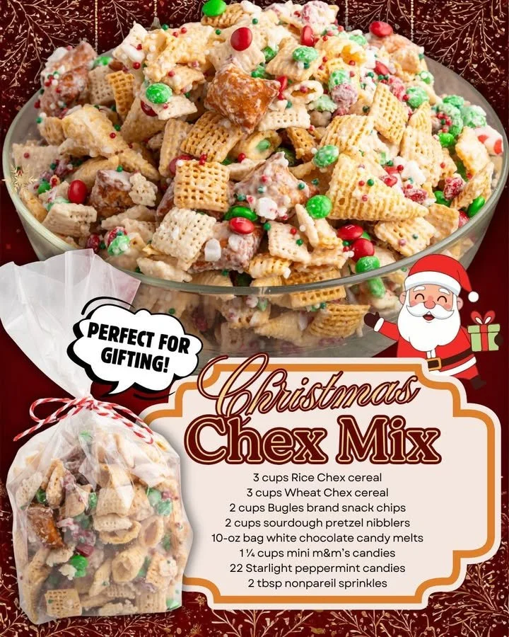Delicious homemade Christmas Chex Mix with seasonal ingredients for the holidays.