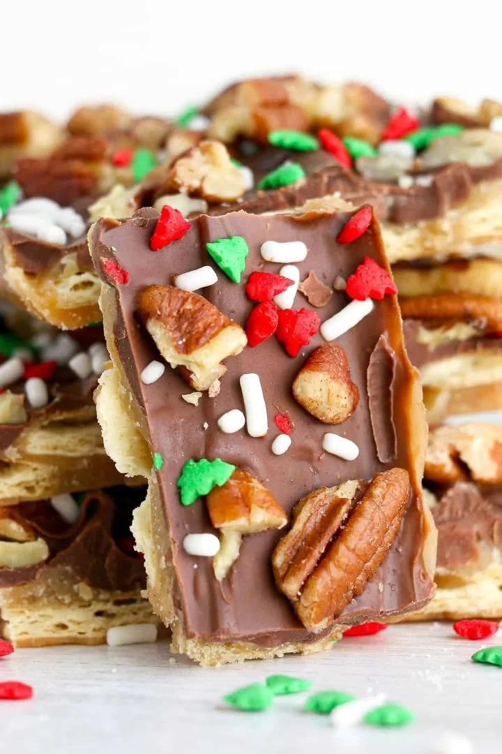 Delicious homemade Christmas Cracker Toffee ready for the holiday season.